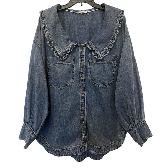 Anthropologie PILCRO Frill-Collar Blue Denim Buttondown Shirt 100% Cotton Sz 1X - Picture 3 of 8